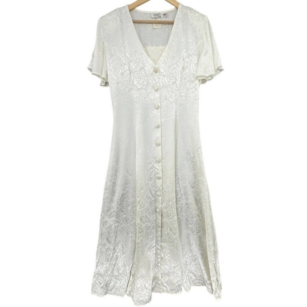 VTG Jody California 90s Ivory Floral Jacquard Lace Up Midi Dress USA 32x50" - Picture 2 of 9